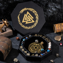 Load image into Gallery viewer, DND Dice Tray Gold 3 Interlocked Triangles (Valknut) and Dragon Design