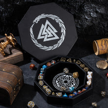 Load image into Gallery viewer, DND Dice Tray Silver 3 Interlocked Triangles (Valknut) and Dragon Design
