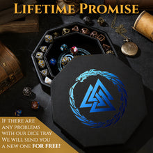 Load image into Gallery viewer, DND Dice Tray Cerulean Blue 3 Interlocked Triangles (Valknut) and Dragon Design
