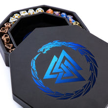 Load image into Gallery viewer, DND Dice Tray Cerulean Blue 3 Interlocked Triangles (Valknut) and Dragon Design