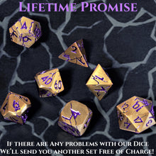 Load image into Gallery viewer, DND Metal Dice - Pharaoh Ruins Gold Metal Dice with Purple Cracks