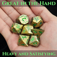 Load image into Gallery viewer, DND Metal Dice - Pharaoh Ruins Gold Metal Dice with Green Cracks