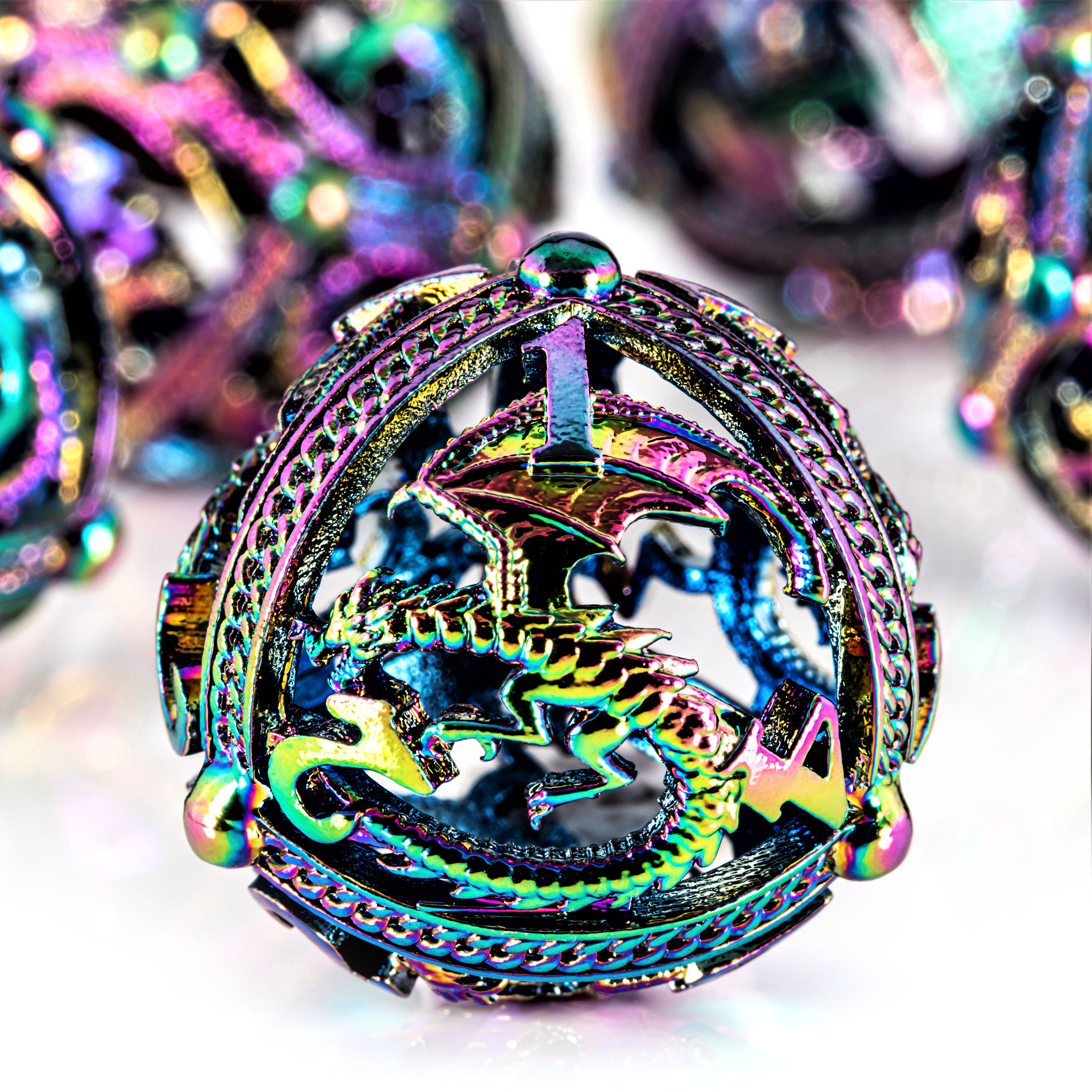 Unique 7-Piece Round Hollow Orb Metal Dice Set - Dragon Design Dragon (Rainbow)