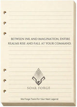 Load image into Gallery viewer, Character Notebook Refill for DND 5e - A5 Character Sheet Paper, 3 Campaigns, 198 Pages, Ring Holes, Parched Paper Design
