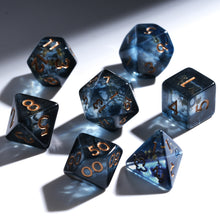 Load image into Gallery viewer, Resin Dice Set for DND – 7pc Polyhedral Set with Glitter and Foil – Stunning and Cool RPG Dice Compatible with Dungeons &amp; Dragons, Pathfinder, and Other TTRPGs
