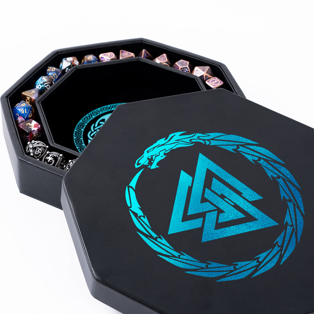 DND Dice Tray 3 Interlocked Triangles (Valknut) and Dragon Design (ALL VARIATIONS) Blue