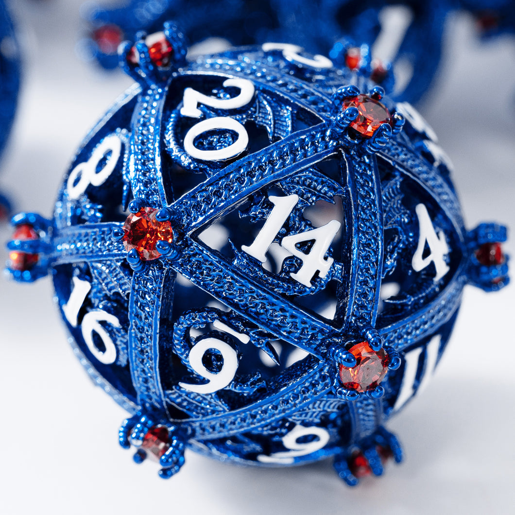 Metal DND Dice Set - Unique Jeweled Dragon Hoard Orb Design BLUE_WHITE_RED