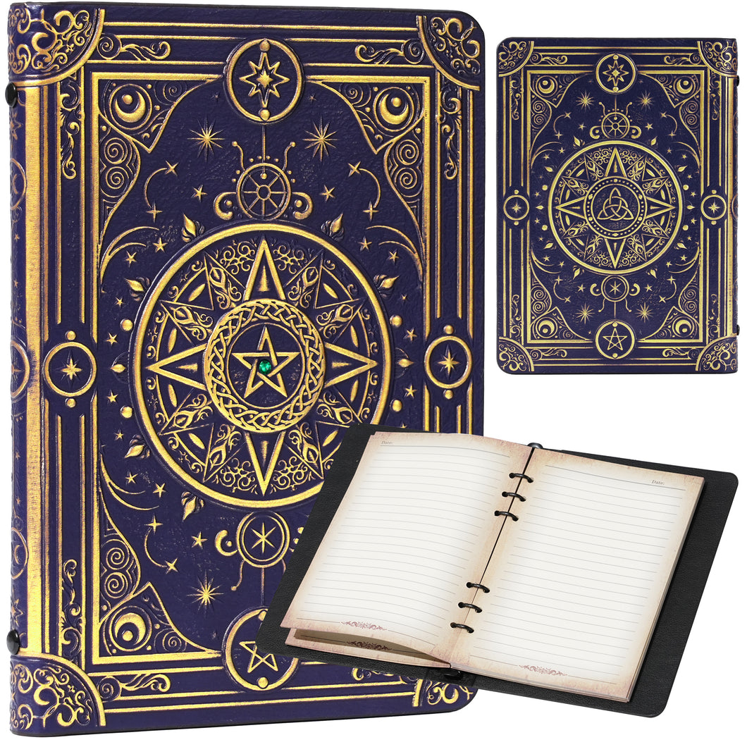 StoryForge Magic Refillable Notebook Journal Binder for DND: Worn Ancient Magic Design Green Crystal+Navy Bronze