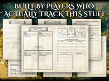 Load image into Gallery viewer, Character Notebook Refill for DND 5e - A5 Character Sheet Paper, 3 Campaigns, 198 Pages, Ring Holes, Parched Paper Design
