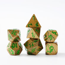 Load image into Gallery viewer, Polyhedral Metal Dice Set for DND - Crack Design (All Variations) Gold and Green Cracks

