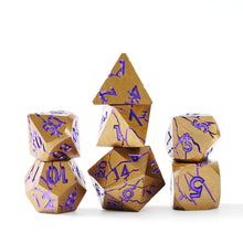 Load image into Gallery viewer, Polyhedral Metal Dice Set for DND - Crack Design (All Variations) Gold and Purple Cracks

