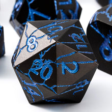 Load image into Gallery viewer, Polyhedral Metal Dice Set for DND - Crack Design (All Variations) Black with Blue Cracks
