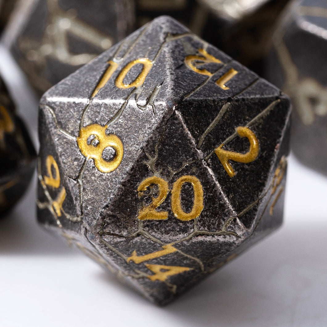 Distressed Grey and Gold Cracked Metal Dice Set (Cracks not Painted)