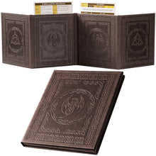 Load image into Gallery viewer, DND DM Screen with 4 Wider Panels - Embossed Faux Leather Celtic Knot &amp; Dragon Design - Dungeon Master Screen with Clear Pockets (Dark Brown)
