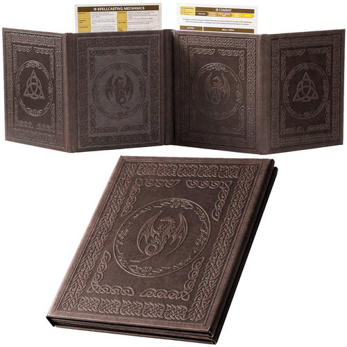 DND DM Screen with 4 Wider Panels - Embossed Faux Leather Celtic Knot & Dragon Design - Dungeon Master Screen with Clear Pockets (Dark Brown)