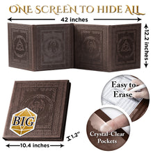 Load image into Gallery viewer, DND DM Screen with 4 Wider Panels - Embossed Faux Leather Celtic Knot &amp; Dragon Design - Dungeon Master Screen with Clear Pockets (Dark Brown)
