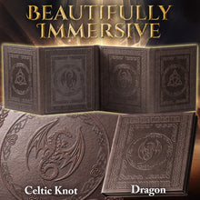 Load image into Gallery viewer, DND DM Screen with 4 Wider Panels - Embossed Faux Leather Celtic Knot &amp; Dragon Design - Dungeon Master Screen with Clear Pockets (Dark Brown)
