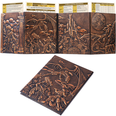 DND DM Screen with 4 Wider Panels - 3D Faux Leather Panoramic Battle Scene - Dungeon Master Screen with Clear Pockets