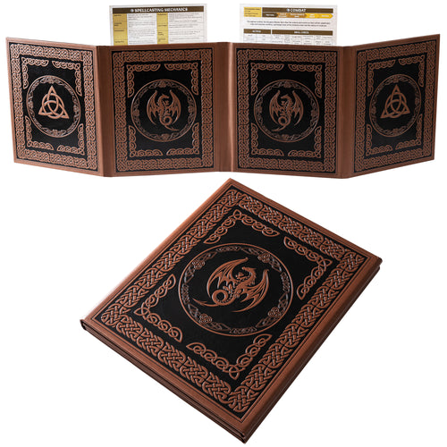 DND DM Screen with 4 Wider Panels - Embossed Faux Leather Celtic Knot & Dragon Design - Dungeon Master Screen with Clear Pockets