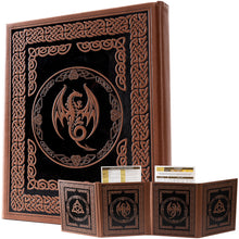 Load image into Gallery viewer, DND DM Screen with 4 Wider Panels - Embossed Faux Leather Celtic Knot &amp; Dragon Design - Dungeon Master Screen with Clear Pockets
