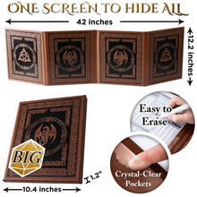 Load image into Gallery viewer, DND DM Screen with 4 Wider Panels - Embossed Faux Leather Celtic Knot &amp; Dragon Design - Dungeon Master Screen with Clear Pockets
