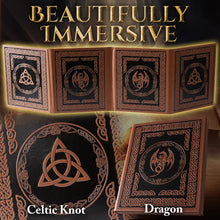 Load image into Gallery viewer, DND DM Screen with 4 Wider Panels - Embossed Faux Leather Celtic Knot &amp; Dragon Design - Dungeon Master Screen with Clear Pockets
