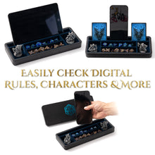 Load image into Gallery viewer, Dice Sanctum Dice Box - L-Size Version - Premium Case &amp; Dice Tray for DND - Phone/Pen Slot, Magnetic Lid and Storage for your Sets, Mini&#39;s and More - Felt-Lined Vault Holder for D&amp;D and RPG (Large Blue)
