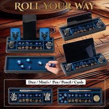 Load image into Gallery viewer, Dice Sanctum Dice Box - L-Size Version - Premium Case &amp; Dice Tray for DND - Phone/Pen Slot, Magnetic Lid and Storage for your Sets, Mini&#39;s and More - Felt-Lined Vault Holder for D&amp;D and RPG (Large Blue)
