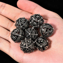 Load image into Gallery viewer, Unique 7-Piece Round Hollow Orb Metal Dice Set - Dragon Design
