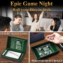 Load image into Gallery viewer, Deluxe Farkle Dice Tray and Storage - Elegant Faux Leather Travel Case with Score Sheets, 2 Sets of Dice, QR Guide &amp; Velvet Lined Rolling Arena for Many Family and Classic Dice Games
