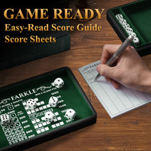 Load image into Gallery viewer, Deluxe Farkle Dice Tray and Storage - Elegant Faux Leather Travel Case with Score Sheets, 2 Sets of Dice, QR Guide &amp; Velvet Lined Rolling Arena for Many Family and Classic Dice Games
