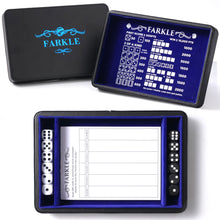 Load image into Gallery viewer, Deluxe Farkle Dice Tray and Storage - Elegant Faux Leather Travel Case with Score Sheets, 2 Sets of Dice, QR Guide &amp; Velvet Lined Rolling Arena for Many Family and Classic Dice Games Blue
