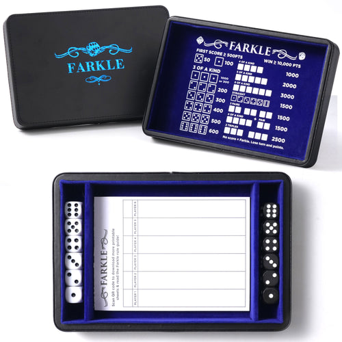 Deluxe Farkle Dice Tray and Storage - Elegant Faux Leather Travel Case with Score Sheets, 2 Sets of Dice, QR Guide & Velvet Lined Rolling Arena for Many Family and Classic Dice Games Blue