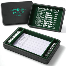 Load image into Gallery viewer, Deluxe Farkle Dice Tray and Storage - Elegant Faux Leather Travel Case with Score Sheets, 2 Sets of Dice, QR Guide &amp; Velvet Lined Rolling Arena for Many Family and Classic Dice Games Green
