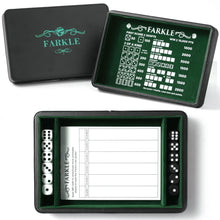 Load image into Gallery viewer, Deluxe Farkle Dice Tray and Storage - Elegant Faux Leather Travel Case with Score Sheets, 2 Sets of Dice, QR Guide &amp; Velvet Lined Rolling Arena for Many Family and Classic Dice Games Green
