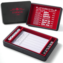 Load image into Gallery viewer, Deluxe Farkle Dice Tray and Storage - Elegant Faux Leather Travel Case with Score Sheets, 2 Sets of Dice, QR Guide &amp; Velvet Lined Rolling Arena for Many Family and Classic Dice Games Red
