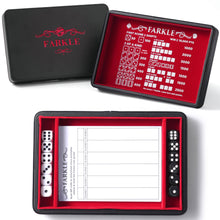 Load image into Gallery viewer, Deluxe Farkle Dice Tray and Storage - Elegant Faux Leather Travel Case with Score Sheets, 2 Sets of Dice, QR Guide &amp; Velvet Lined Rolling Arena for Many Family and Classic Dice Games Red
