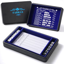Load image into Gallery viewer, Deluxe Farkle Dice Tray and Storage - Elegant Faux Leather Travel Case with Score Sheets, 2 Sets of Dice, QR Guide &amp; Velvet Lined Rolling Arena for Many Family and Classic Dice Games Blue
