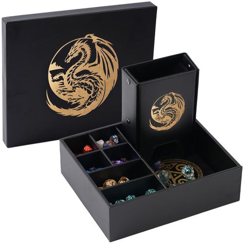 The All-in-One Game Roamer - DND Dice Tray, Large Tower and Storage for Random Rolls (Gold Dragon)