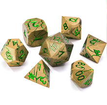 Load image into Gallery viewer, Polyhedral Metal Dice Set for DND - Crack Design (All Variations) Gold and Green Cracks
