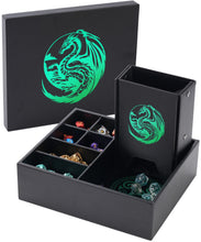 Load image into Gallery viewer, The All-in-One Game Roamer - DND Dice Tray, Large Tower and Storage for Random Rolls (Dragon) Green
