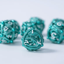 Load image into Gallery viewer, Unique 7-Piece Round Hollow Orb Metal Dice Set - Dragon Design
