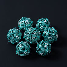 Load image into Gallery viewer, Unique 7-Piece Round Hollow Orb Metal Dice Set - Dragon Design
