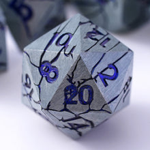 Load image into Gallery viewer, Polyhedral Metal Dice Set for DND - Crack Design (All Variations) Matte Silver Blue Purple Cracks
