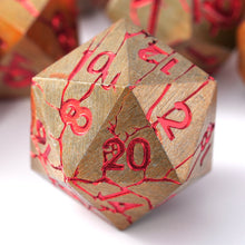 Load image into Gallery viewer, Polyhedral Metal Dice Set for DND - Crack Design (All Variations) Gold and Red Cracks
