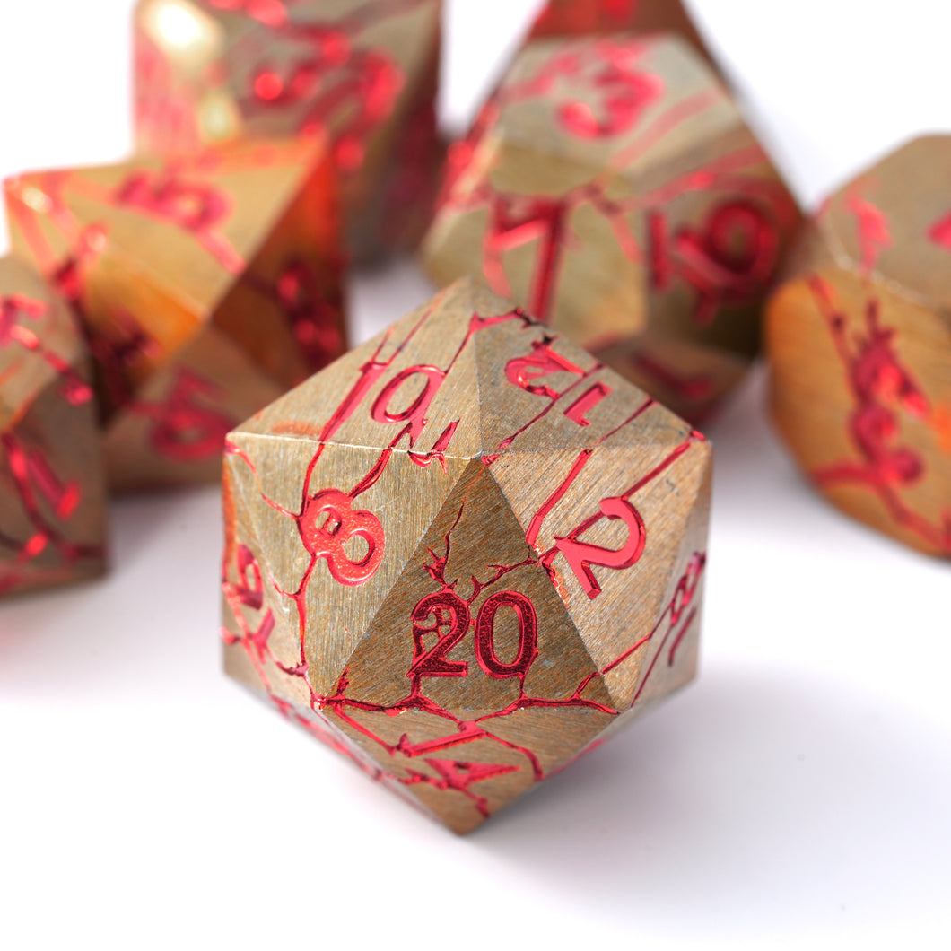 DND Metal Dice - Pharaoh Ruins Gold Metal Dice with Red Cracks