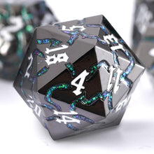 Load image into Gallery viewer, Polyhedral Metal Dice Set for DND - Crack Design (All Variations) Gunmetal Green Glitter
