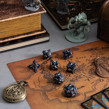 Load image into Gallery viewer, Metal Dice for DND - Spire Sanctum Series - Beautiful Polyhedral 7 Piece Dice Set (Black Matte Blue Glitter)
