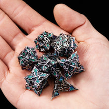 Load image into Gallery viewer, Metal Dice for DND - Spire Sanctum Series - Beautiful Polyhedral 7 Piece Dice Set (Silver Green Glitter)
