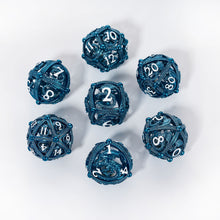 Load image into Gallery viewer, Unique 7-Piece Round Hollow Orb Metal Dice Set - Dragon Design
